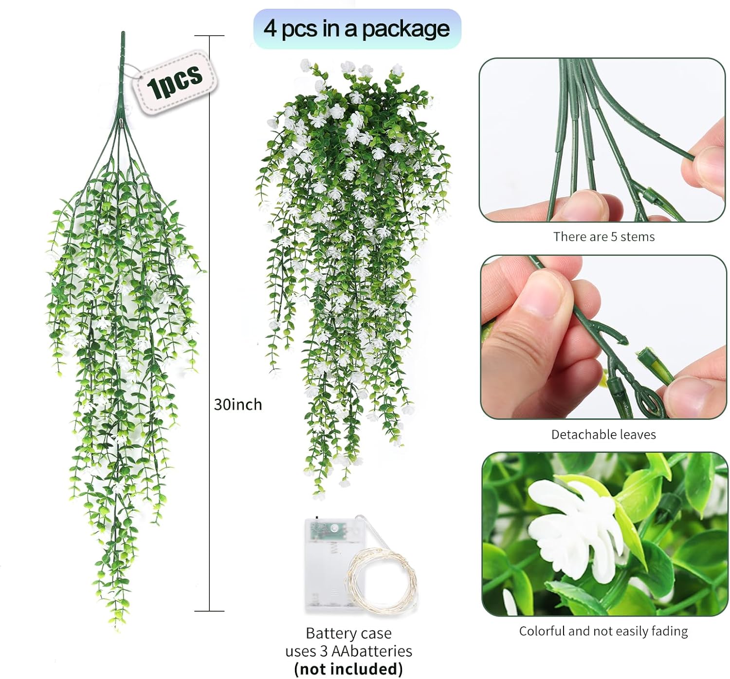 SJL Hanging Faux Plants Indoor 4pcs Fake Flowers Plant Fern with LED Lights Artificial Vines for Outdoors Real Touch Fake Plants All Year Round Eucalyptus Decor for Garden Porch (White)