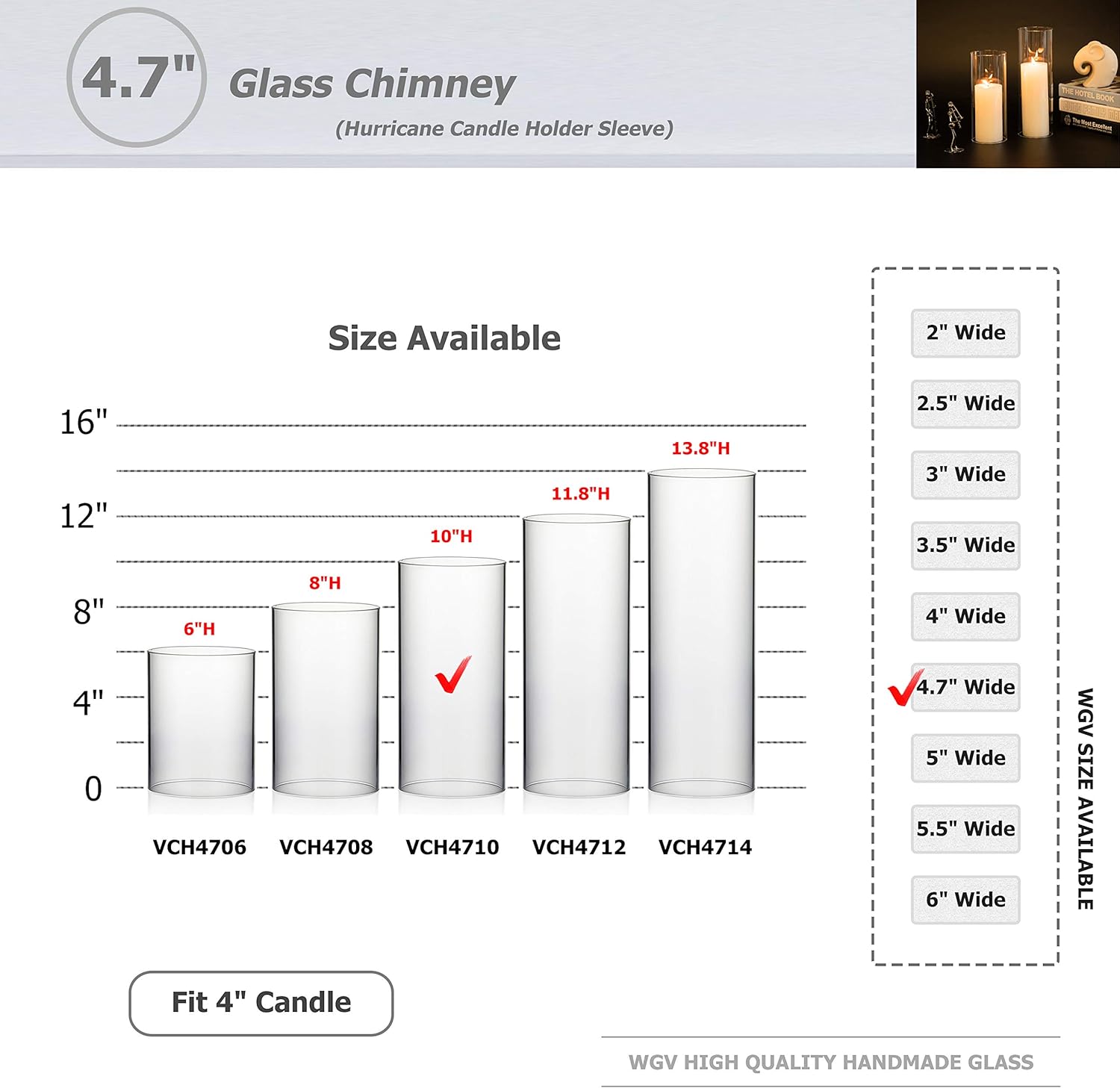 WGVI Hurricane Candle Holder Sleeve, Wide 4.7", Height 10", Clear Glass Cylinder Candleholder, Chimney Tube, Open Ended Candle Shade, 1 Piece