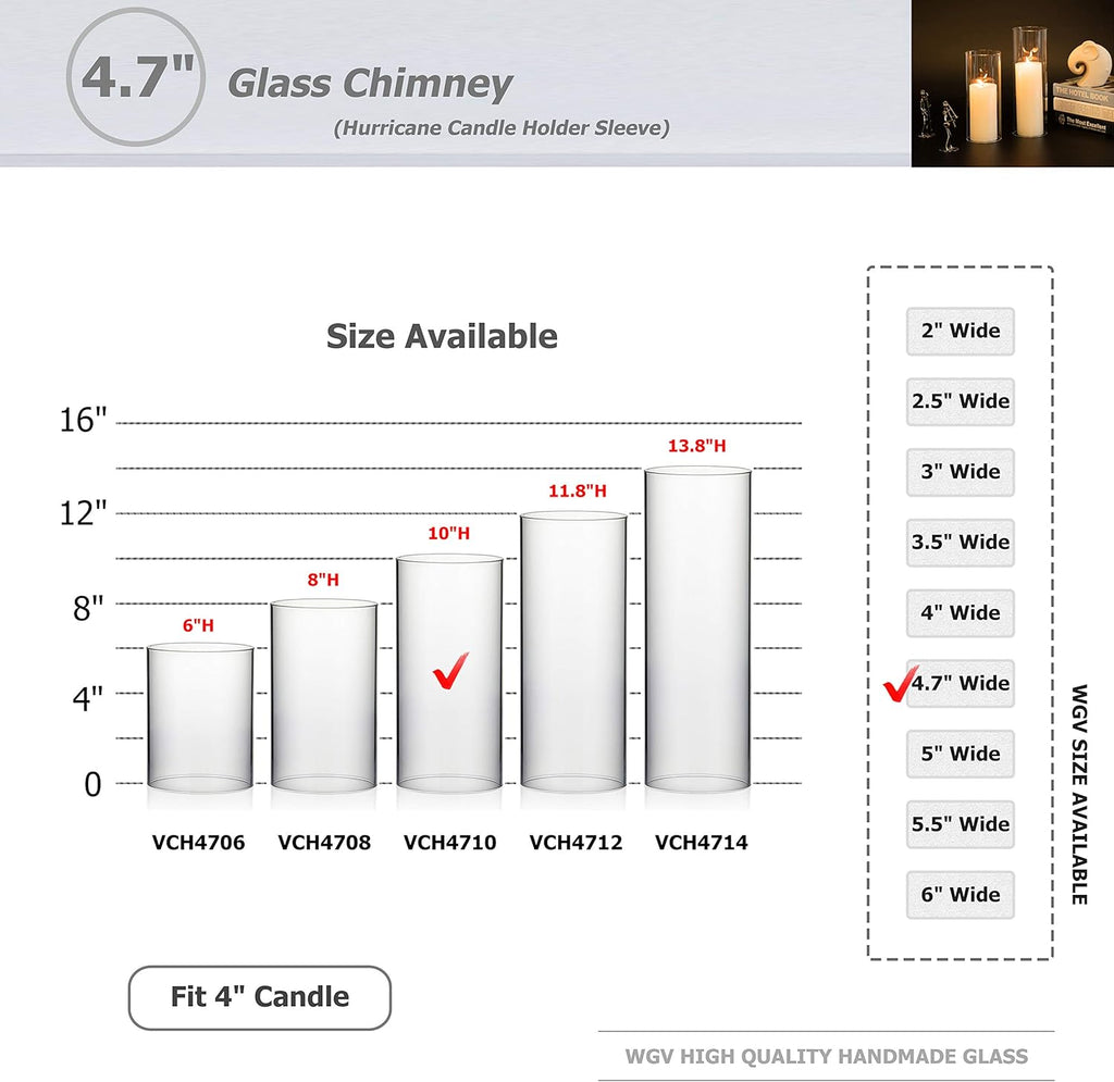 WGVI Hurricane Candle Holder Sleeve, Wide 4.7", Height 10", Clear Glass Cylinder Candleholder, Chimney Tube, Open Ended Candle Shade, 6 Pieces Bulk