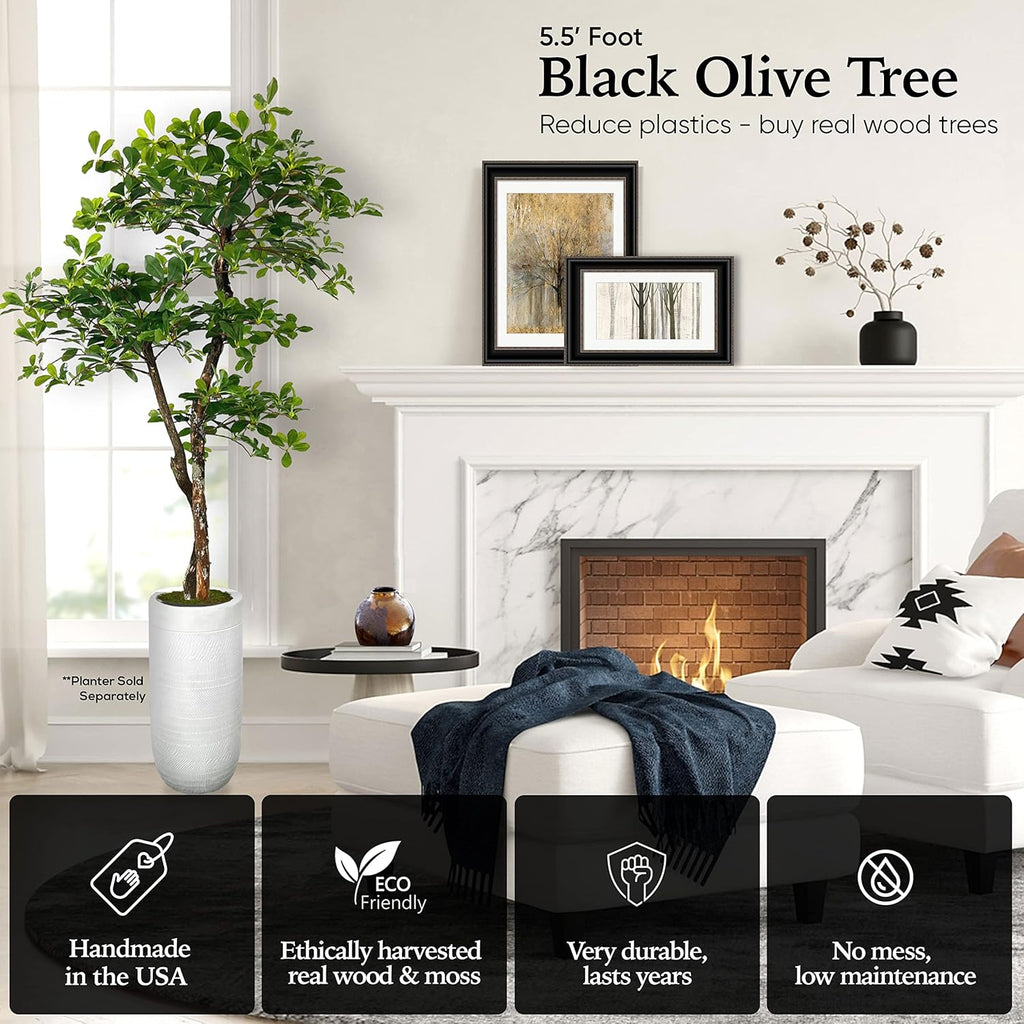 Cypress & Alabaster Handmade 5ft 3-Tier Black Olive Leaf Artificial Tree with Ethically Sourced Real Wood Trunks, Hypoallergenic, 5-Foot, Green