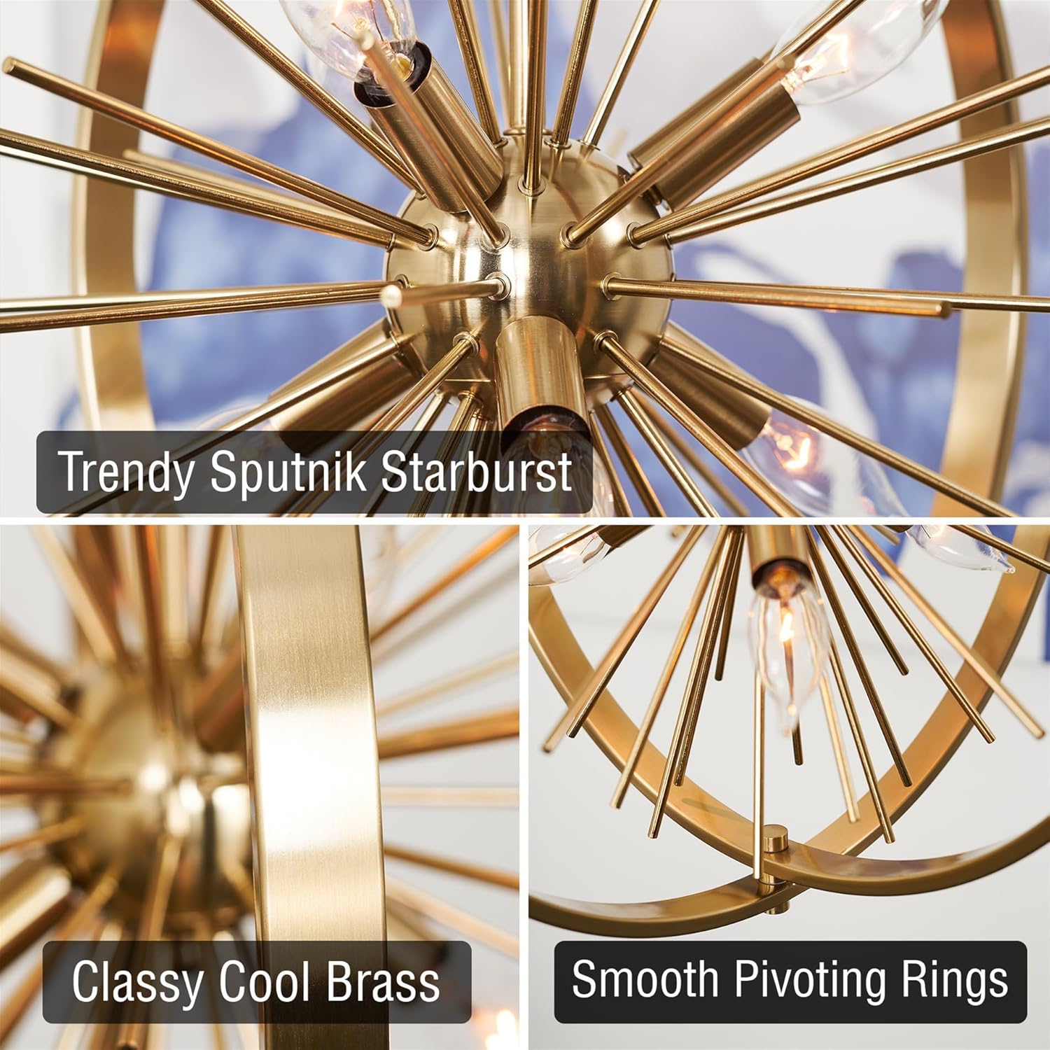 Kira Home Solaris 22" 6-Light Modern Orb/Globe Sputnik Starburst Chandelier + Pivoting Rings, Adjustable Height, Cool Brass Finish