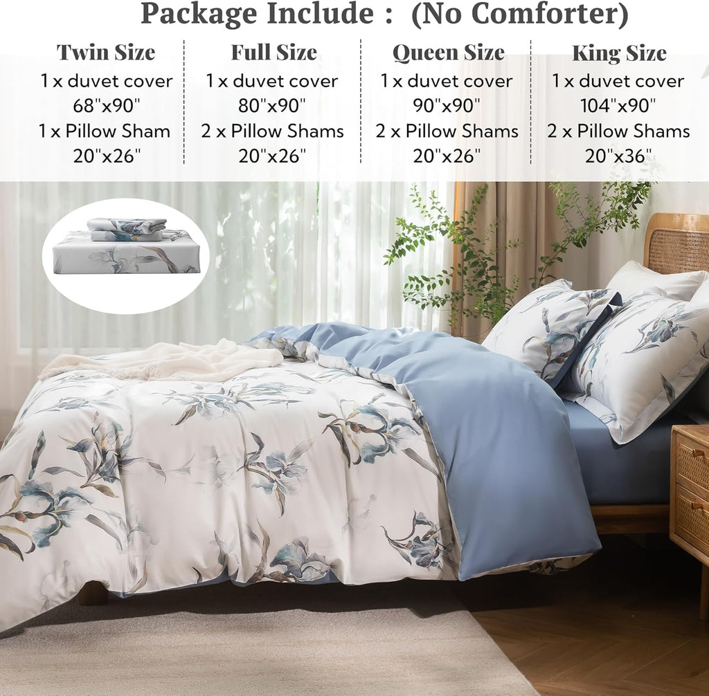 MILDLY Full Size Duvet Cover Set 100% Long-Staple Cotton Luxury White & Blue Floral Patten Reversible Comforter Cover Set 3Pcs