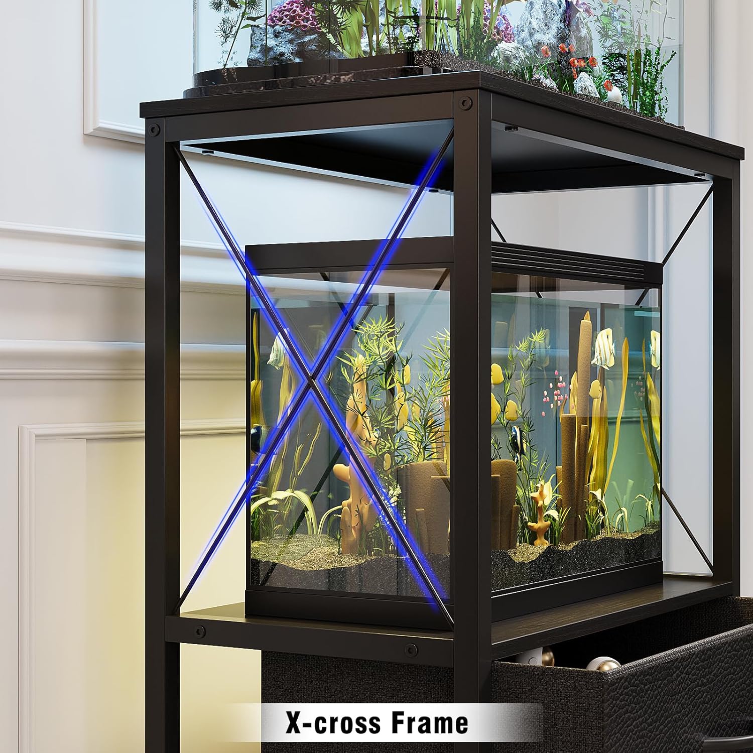 Aquarium Stand 10 Gallon with 2-Tier Shelf, Fish Tanks Stand with 2 Drawers, Metal Frame Heavy Duty Reptile/Turtle Tank Stand for Home Office, Fish Tanks Accessories Storage, Black