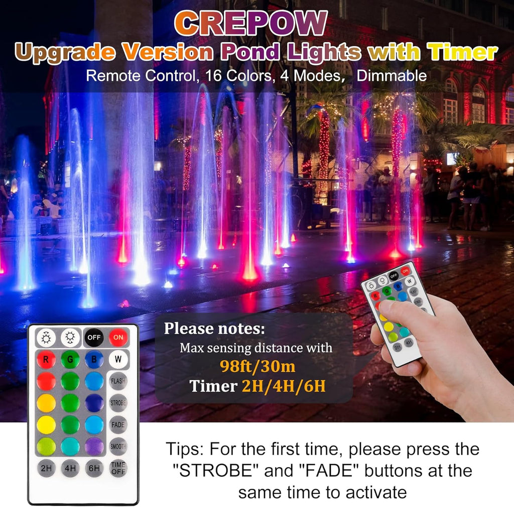 RGB Pond Lights with Timer, LED Underwater Submersible Colorful Landscape Spotlights, 98ft Remote Control IP68 Waterproof Fountain Lights for Fish Aquarium Tank Garden Yard Pool (Set of 4)