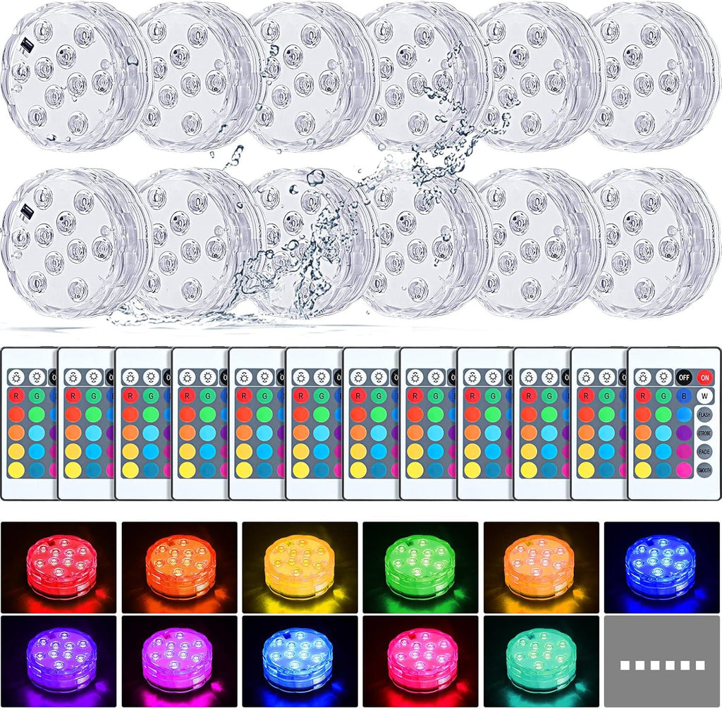 Mudder 12 Pack Submersible LED Lights with Remote 2.8" Hot Tub Lights Waterproof Pool Underwater LED Light Battery Operated Bathtub Lamp 16 Color Changing Lamp for Pool Pond Vase Aquarium Decoration
