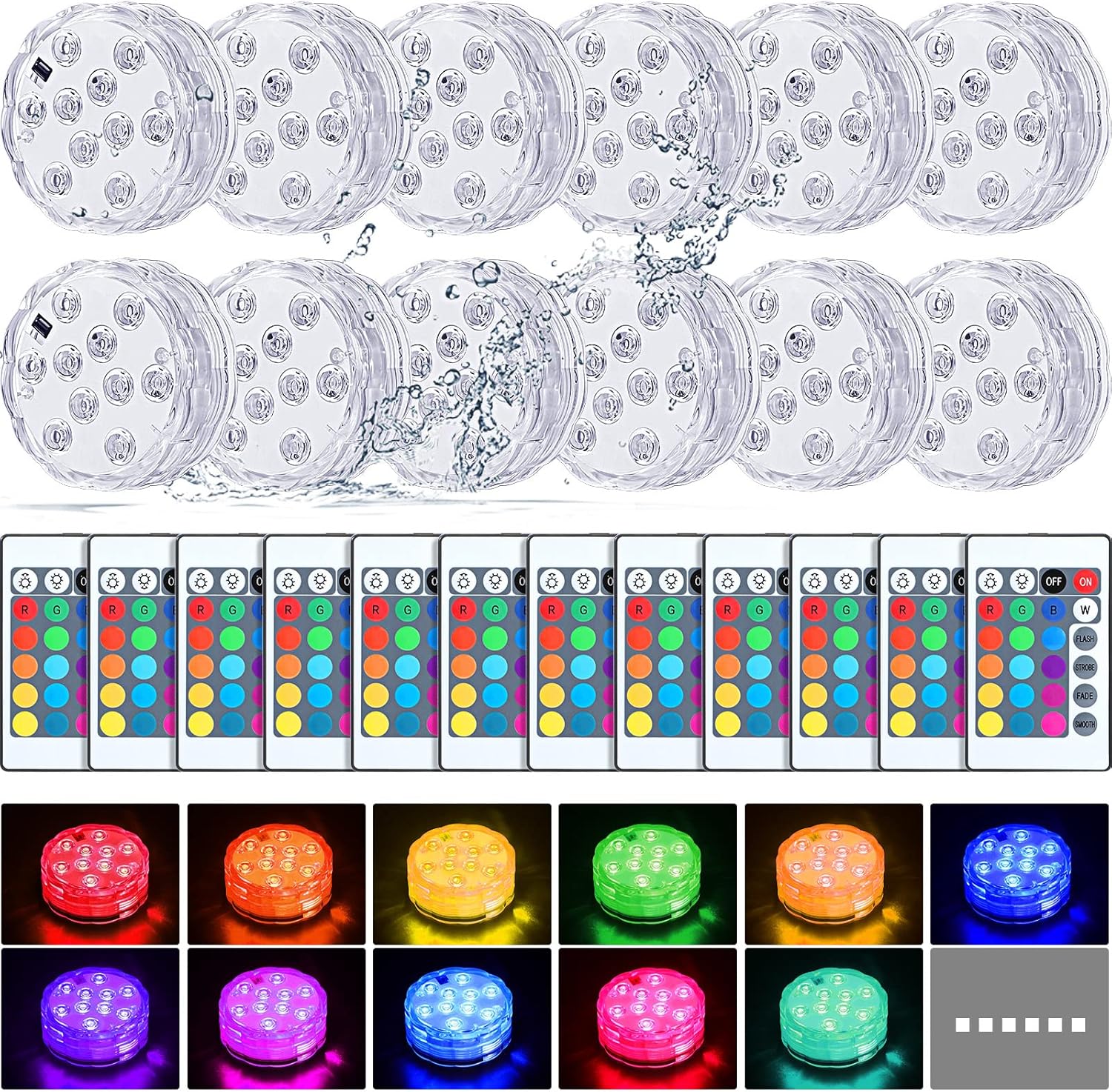 Mudder 12 Pack Submersible LED Lights with Remote 2.8" Hot Tub Lights Waterproof Pool Underwater LED Light Battery Operated Bathtub Lamp 16 Color Changing Lamp for Pool Pond Vase Aquarium Decoration