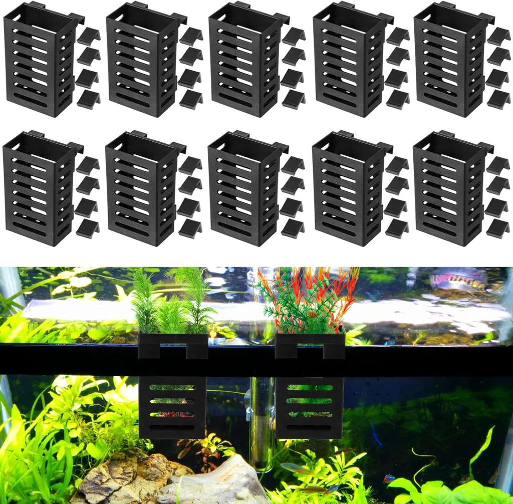 Lnrueg 10PCS Aquarium Plant Holder with Hooks, Hanging Rimmed Tank Plant Pot Aquarium Planters Cups, Upgraded Aquatic Planter Cups for Fish Tank Aquaponic Planter and Aquascape Decorations (10)