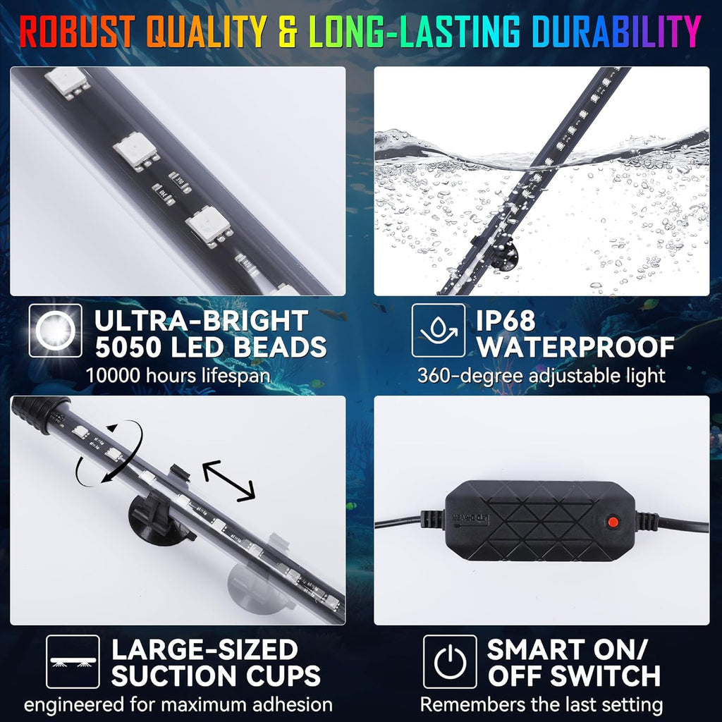 Smart App-Controlled RGB LED Aquarium Light with 16 Million Colors & 12 Dynamic Effects, Underwater Fish Tank Light with Timer, Submersible LED Lights with Adjustable Brightness and Speed - 15''