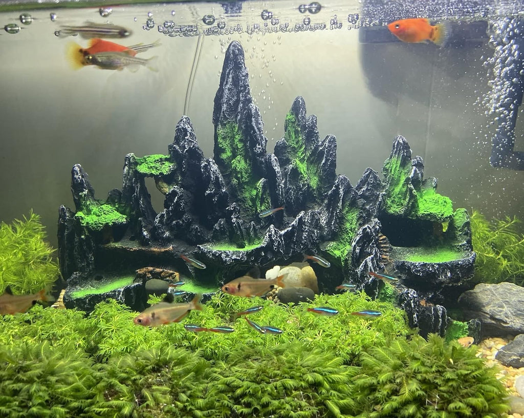 Extra Large Aquarium Decorations - Big Mountain View Ornaments, Come with 1 Little Diver and 2X 4inch Aquarium Plastic Plants