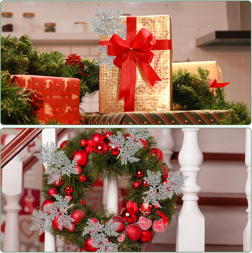 KIMOBER 20PCS Christmas Artificial Pine Needles,Glitter Silver Fake Floral Spray Picks Branches Twig for Xmas Tree Wreath Wedding Bouquet Decoration