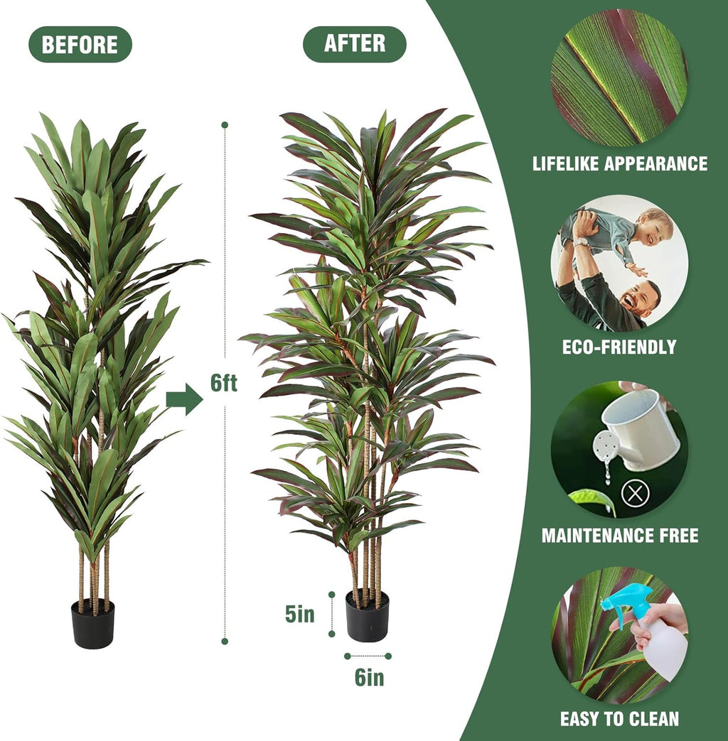 Dracaena Artificial Plant 6ft Red Yucca Silk Tree Faux Plants Indoor Tall Fake House Floor Plants Realistic Artificial Trees for Home Office Decor Indoor Outdoor Housewarming Gift