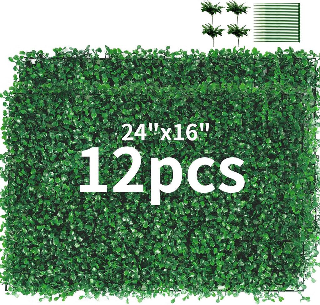 12 Pieces 24"x 16" Artificial Boxwood Panel, Grass Wall Panel, Boxwood Hedge Wall Panels UV Protected Suitable for Artificial Green Wall Decor, Fence Garden Wedding Backyard Decor