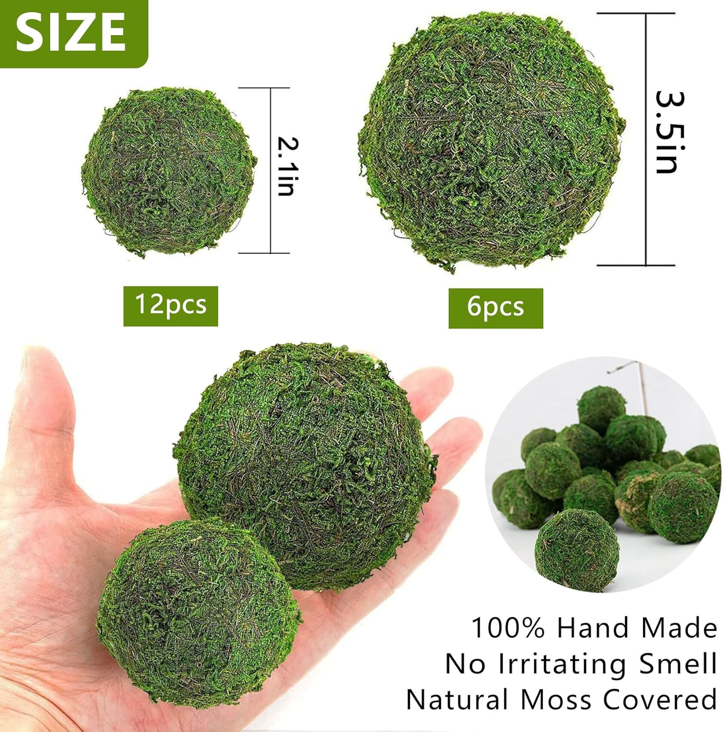 18pcs Moss Balls Decorative Faux Green Dried Artificial Moss Balls for Centerpiece Bowls for Home Garden Wedding Party Decor (6pcs 3.5"+12pcs 2")