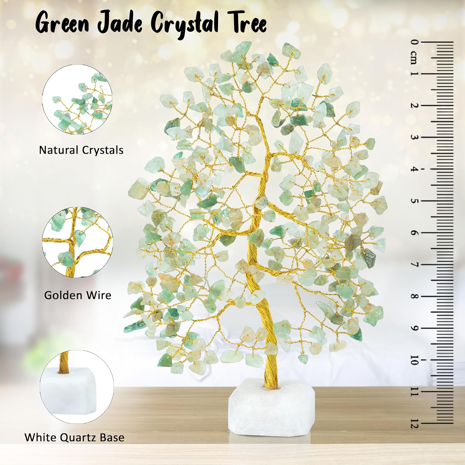 Crocon Green Jade Gemstone Tree with Natural Quartz Base Chakra Healing Crystal Tree of Life Feng Shui Money Bonsai Handmade Gemstone Tree Ornament Figurine Wealth & Good Luck Gift 10-12'' (CTR072a)
