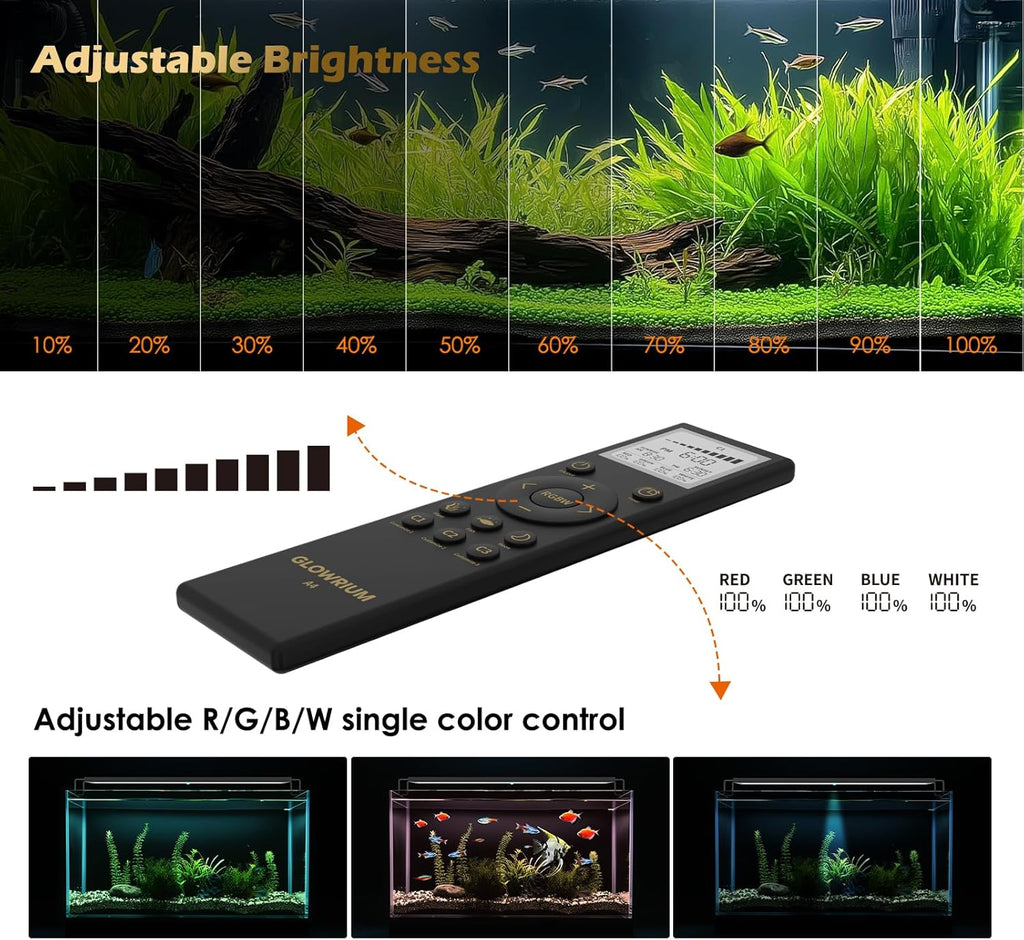 GLOWRIUM LED Aquarium Light with Remote, Full Spectrum Fish Tank Light with Auto Timer, IP67 Waterproof Freshwater Planted Tank Light, Dimmable RGB+W+Moon LEDs with High Performance (9W 12-17in)