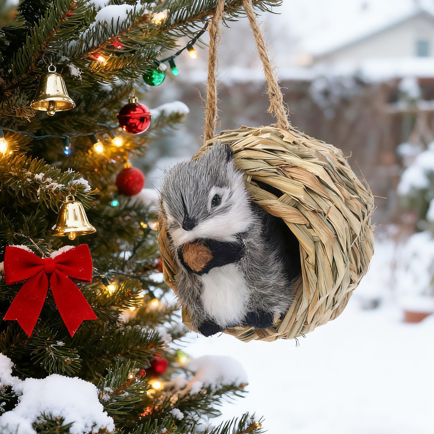3D Forest Animals Ornaments for Christmas Tree Woodland Furry Animal Ornament Handmade Bird Nest with Plush Animal for Xmas Tree Faux Fur Animals Hanging Decoration (5" Nest & Grey Squirrel)