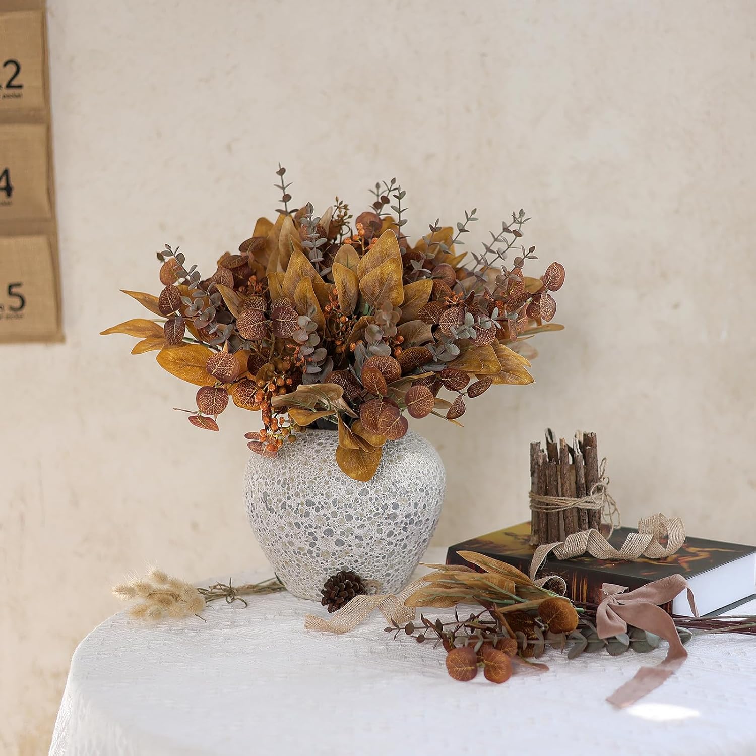 YXZZWL 110 Pcs 5 Kinds Mixed Artificial Eucalyptus Stems and Faux Berry,Autumn Fake Eucalyptus Leaves Stems Bulk Branches for DIY Bouquets Floral Arrangement Wedding Home Fall Decorations (Orange)