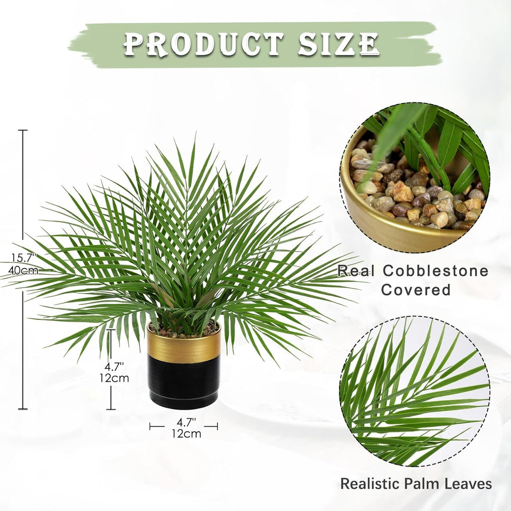 Briful Fake Plant 15.7’’ Artificial Palm Plant in Gold Black Pot Real Touch Faux Tropical Palm Tree Houseplant for Home Indoor Living Room Tabletop Balcony Decorations