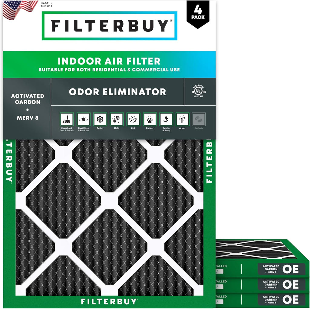 Filterbuy 14x18x1 Air Filter MERV 8 Odor & Allergy Defense with Activated Carbon (4-Pack), Electrostatic Pleated HVAC AC Furnace Filters Replacement, Made in USA (Actual Size: 13.50 x 17.50 x 0.75)