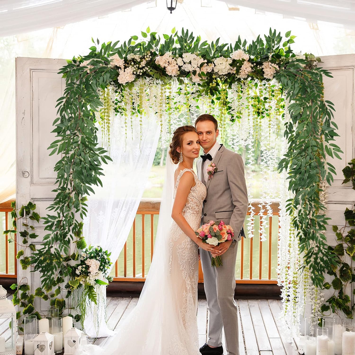 RECUTMS 4Pcs Artificial Willow Leaves Vine Twigs 5.7Ft Silk Willows Leaf Ivy Garland Faux Greenery Ivy Plant Decor for Indoor Outdoor Wedding Jungle Beach Birthday Party Garden Table Spring Summer