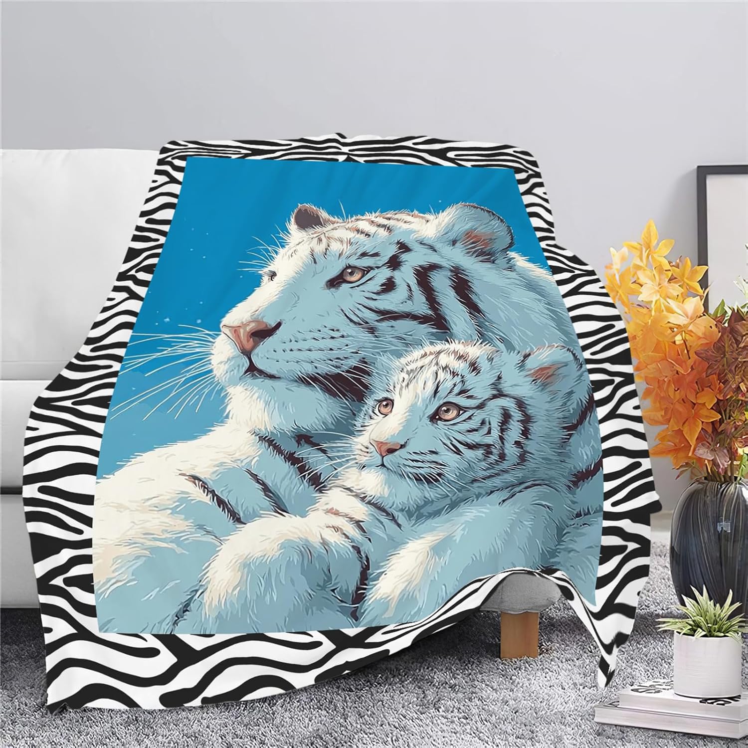 White Tiger Throw Blanket White Tiger Stuff Gifts for Kids Girls Boys Adults Women Men Soft Cozy Warm Plush Fluffy Fuzzy Fleece Blanket Decor 50''X60''
