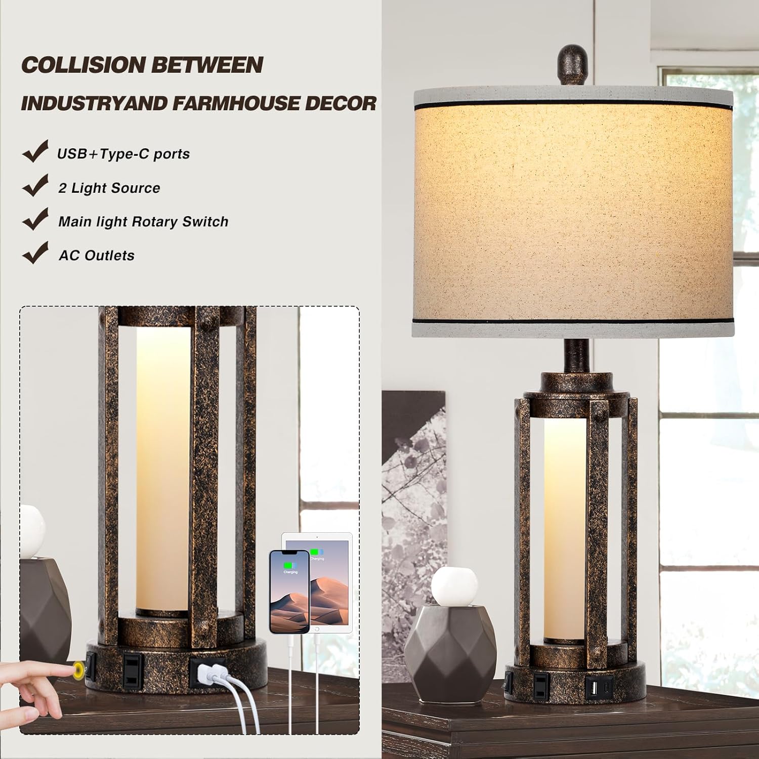 Farmhouse Lamps with USB A+C Charging Ports & AC Outlet, Rustic Vintage Industrial Table Lamps Metal Lamp with Glass LED Night Light & Beige Fabric Shade for Living Room Bedrooms Nightstand Bronze