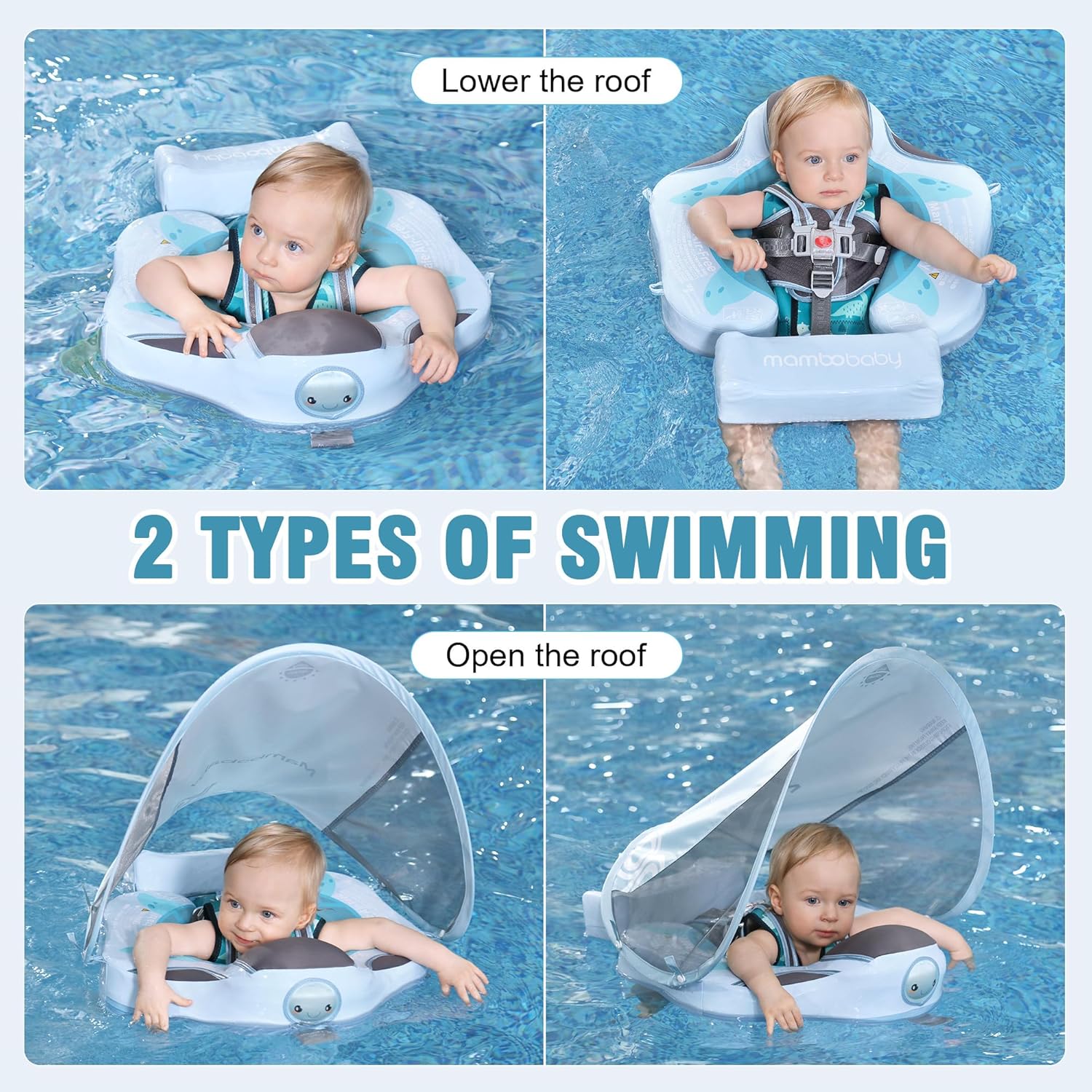 Mambobaby Baby Pool Float with Removable Sun Canopy - Non Inflatable Infant Swim Float with Anti-Flip Tail Design, Waterproof & Skin-Friendly Baby Float for Swimming (3-24 Months)