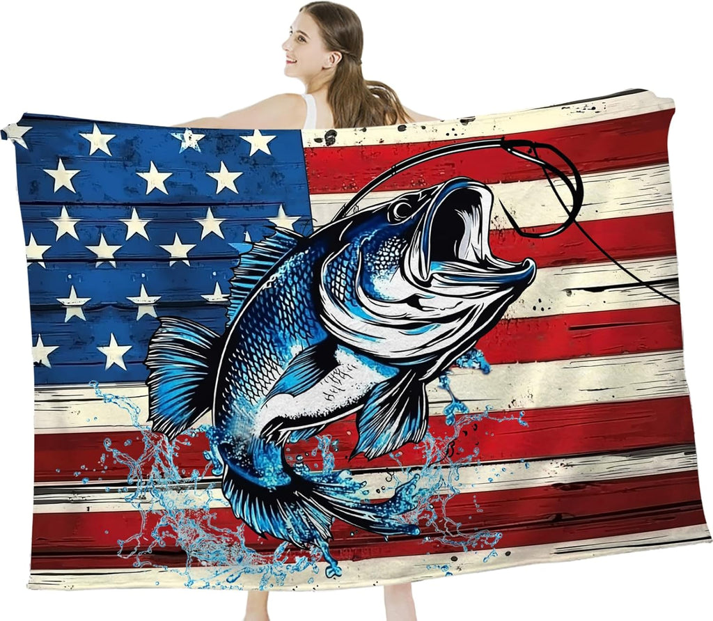 Bass Fish Blanket American Flag Fishing Throw Blankets Gifts for Girls Boys Kids Fishing Lover Soft Cozy Fleece Plush for Couch Sofa Bed 60"x50"