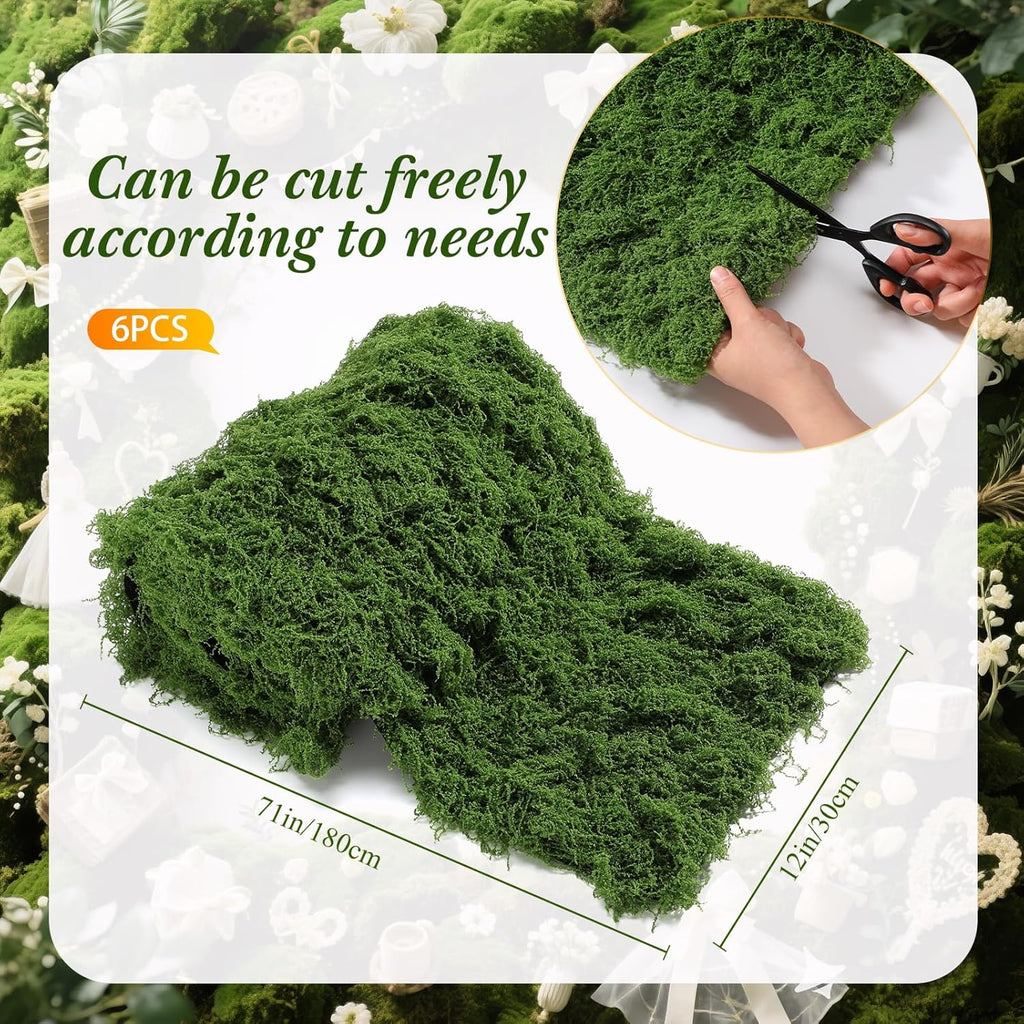 Zeyune 6 Pcs Christmas Fake Moss Table Runner for Crafts 12'' x 71'' Artificial Moss Sheet Roll Waterproof Carpet Blanket for Wall Roof Garden Wedding Birthday Party Table Decoration (Green)