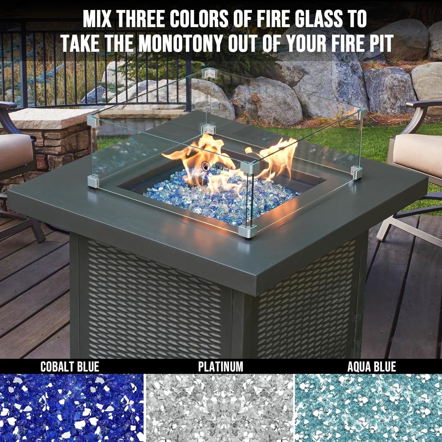 Skyflame 10-Pound Blended Fire Glass for Fire Pit Fireplace Landscaping, 1/4 Inch Aqua Blue, Platinum, Cobalt Blue, Reflective