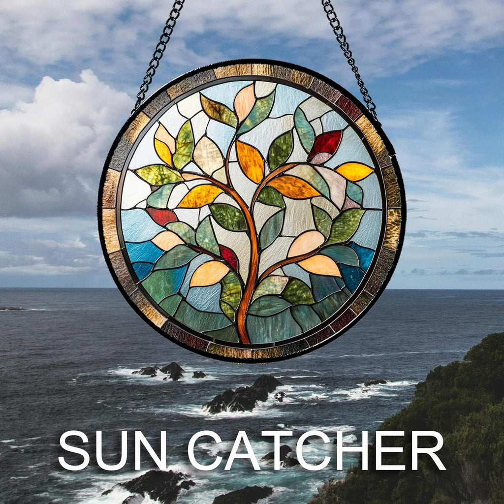 Stained Glass Window Hanging Colorful Tree of Life Large 11.8" - Plant Leaves Suncatcher Door Garden Sun Catcher Home Decor Birthday Christmas for Mom Men Woman Nana Friend