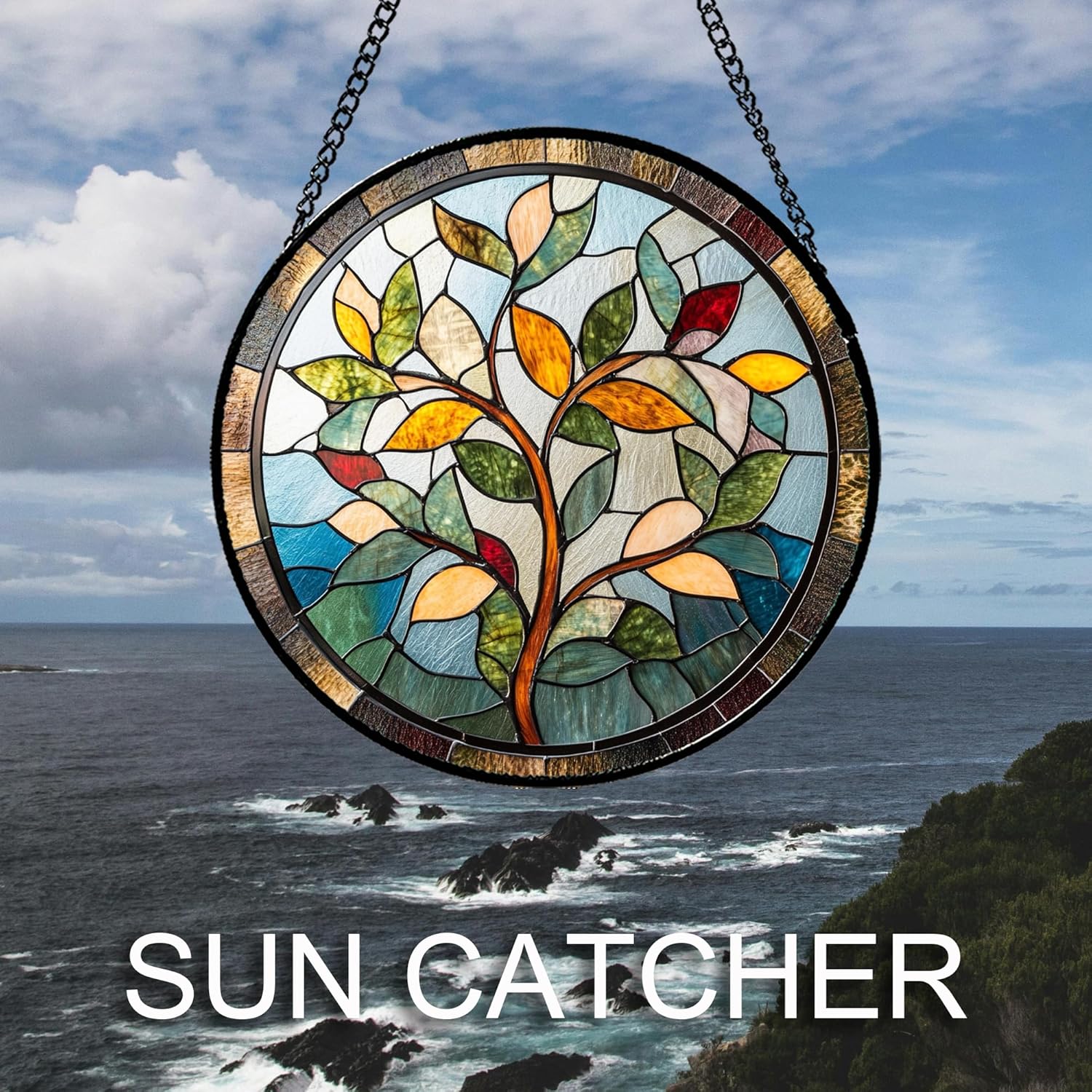 Stained Glass Window Hanging Colorful Tree of Life Large 11.8" - Plant Leaves Suncatcher Door Garden Sun Catcher Home Decor Birthday Christmas for Mom Men Woman Nana Friend