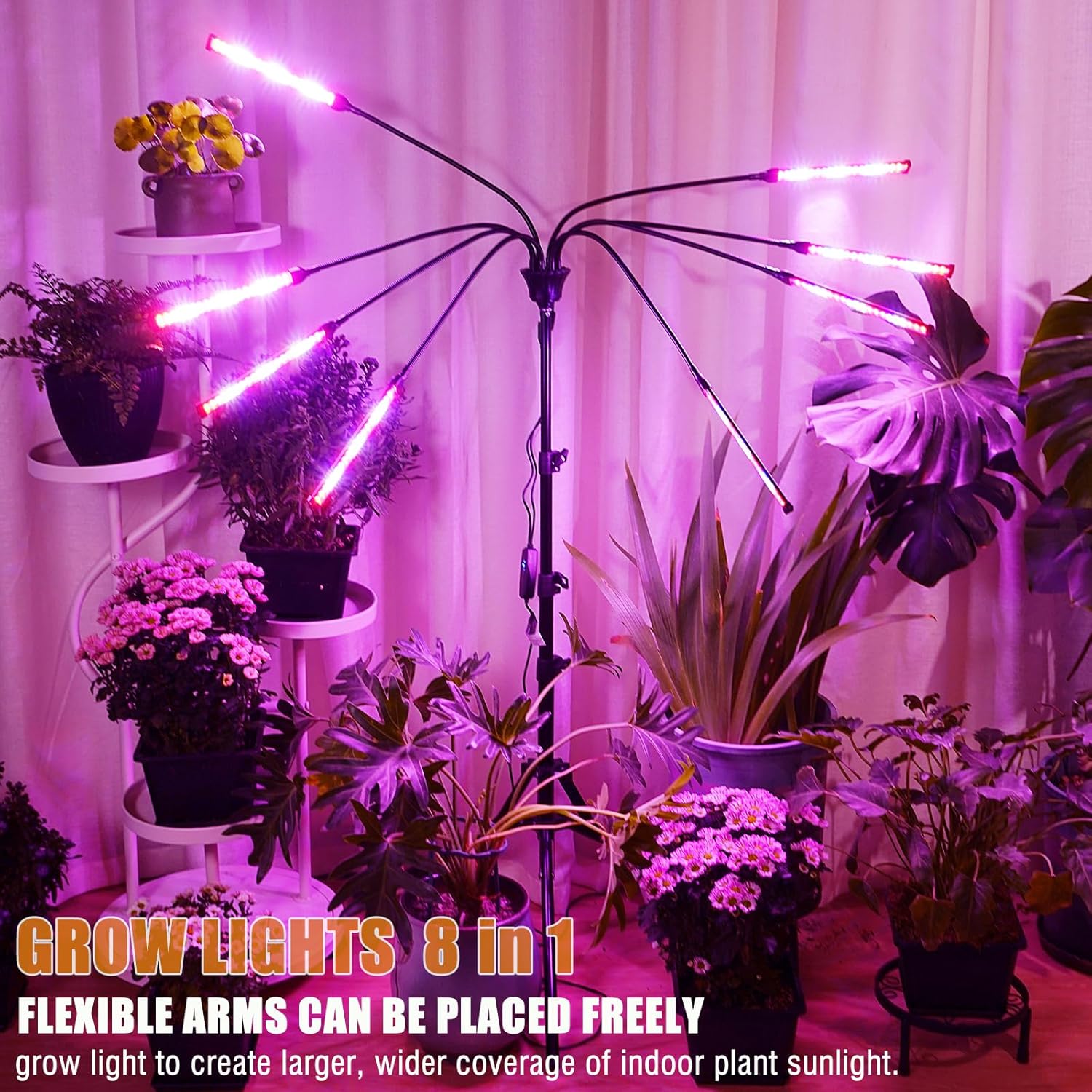 Grow Lights for Indoor Plants Full Spectrum with Stand and Timer, (Red+Blue+White) 8 Heads LED Plant Lights for Indoor Growing, Standing Floor House Plant Lamp for Seed Starting.
