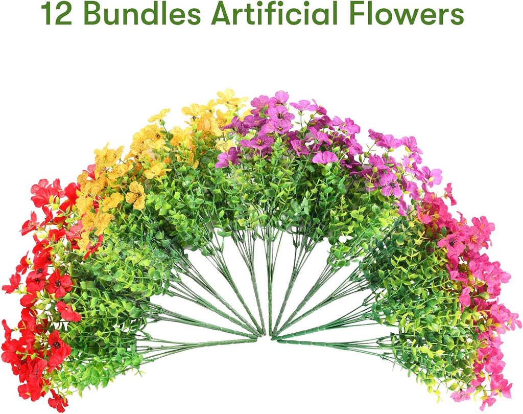 12 Bundles Artificial Flowers Faux Plants Flowers for Outdoor Spring Summer Decoration UV Resistant Artificial Plastic Plants Silk Flowers for Home Planter Porch Window Box Yard