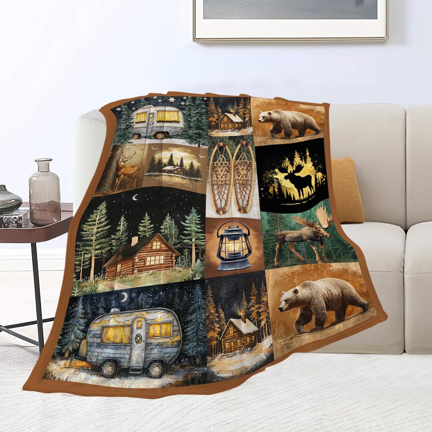 Camping Blanket Cabin Bear Deer Throw Blankets Gifts for Girls Boys Kids Camping Lover Soft Cozy Fleece Plush for Couch Sofa Bed 80"x60"