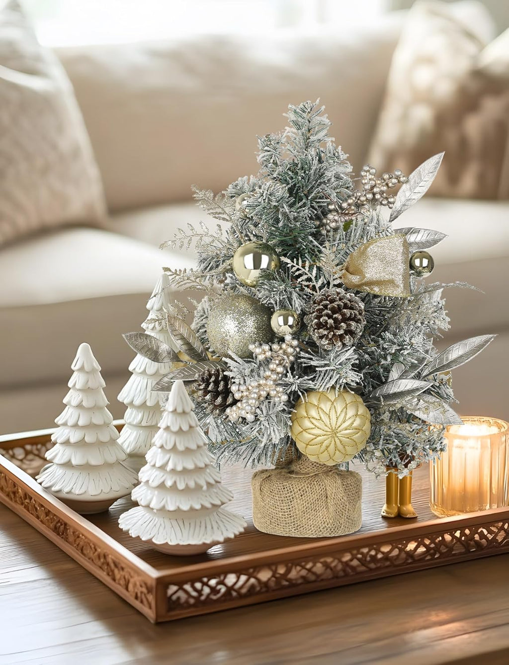 Flocked Christmas Tree Mini Tabletop Christmas Tree with Ornaments Berries Pinecones, 19" Small Fake Xmas Trees Plant Christmass Decorations for Table Centerpiece, Mantel Entryway Winter Holiday Decor