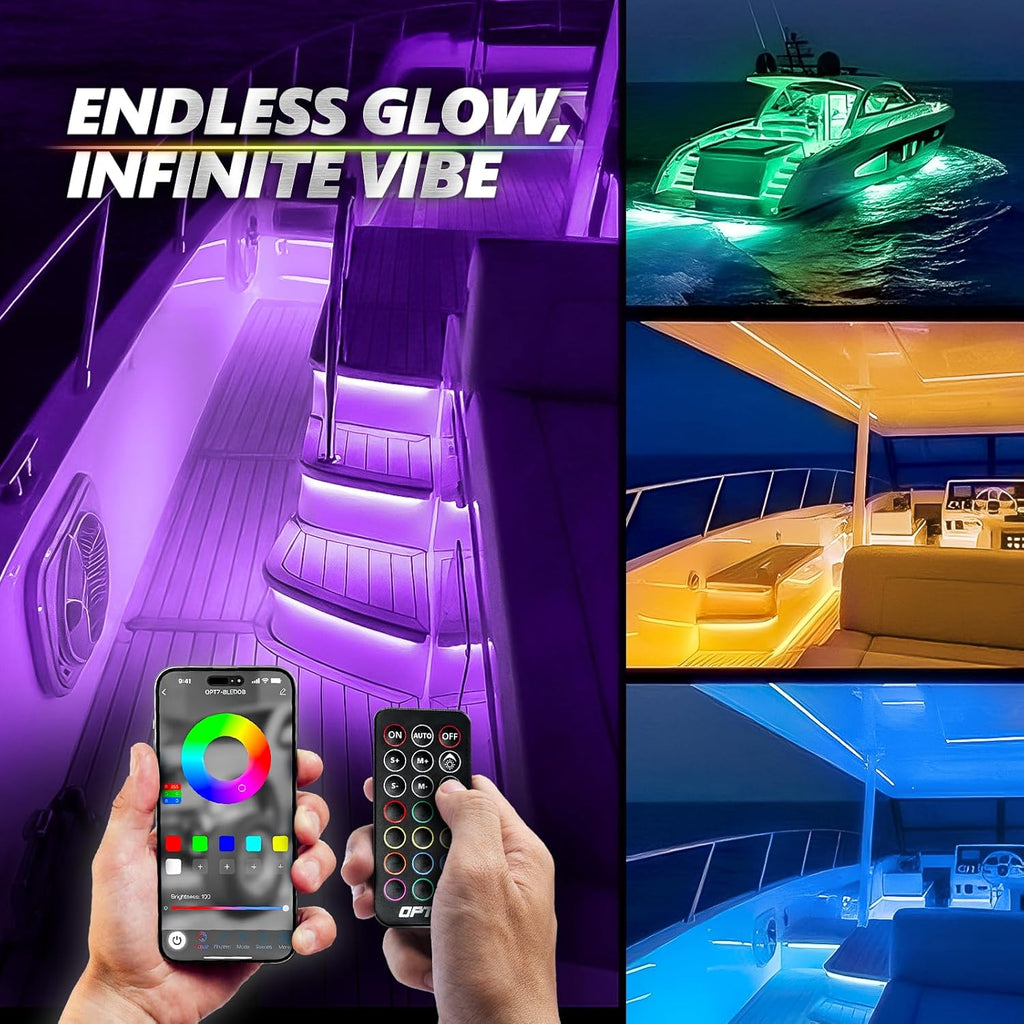 OPT7 Aura Marine Boat Lights LED with App & Remote Control, 4PCS Waterproof Light Strip, RGB Multi Color & Music Sync Interior Deck Lighting Kit for Night Fishing Pontoon Bass Sailboat Yacht Kayak 12V