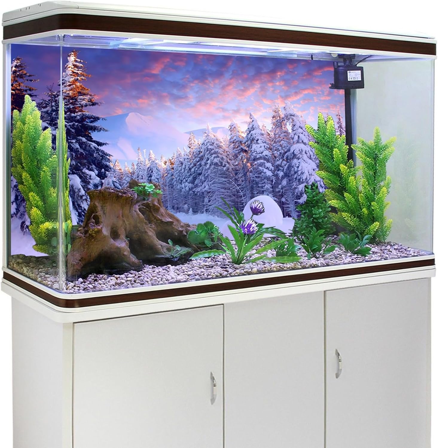 YongFoto Fish Tank Background 36x20 Inch Winter Snow Scene Aquarium Snowfield Pine Forest Rime Sunglow Rosy Clouds Backdrop Reptile Terrarium Bearded Dragon Habitat