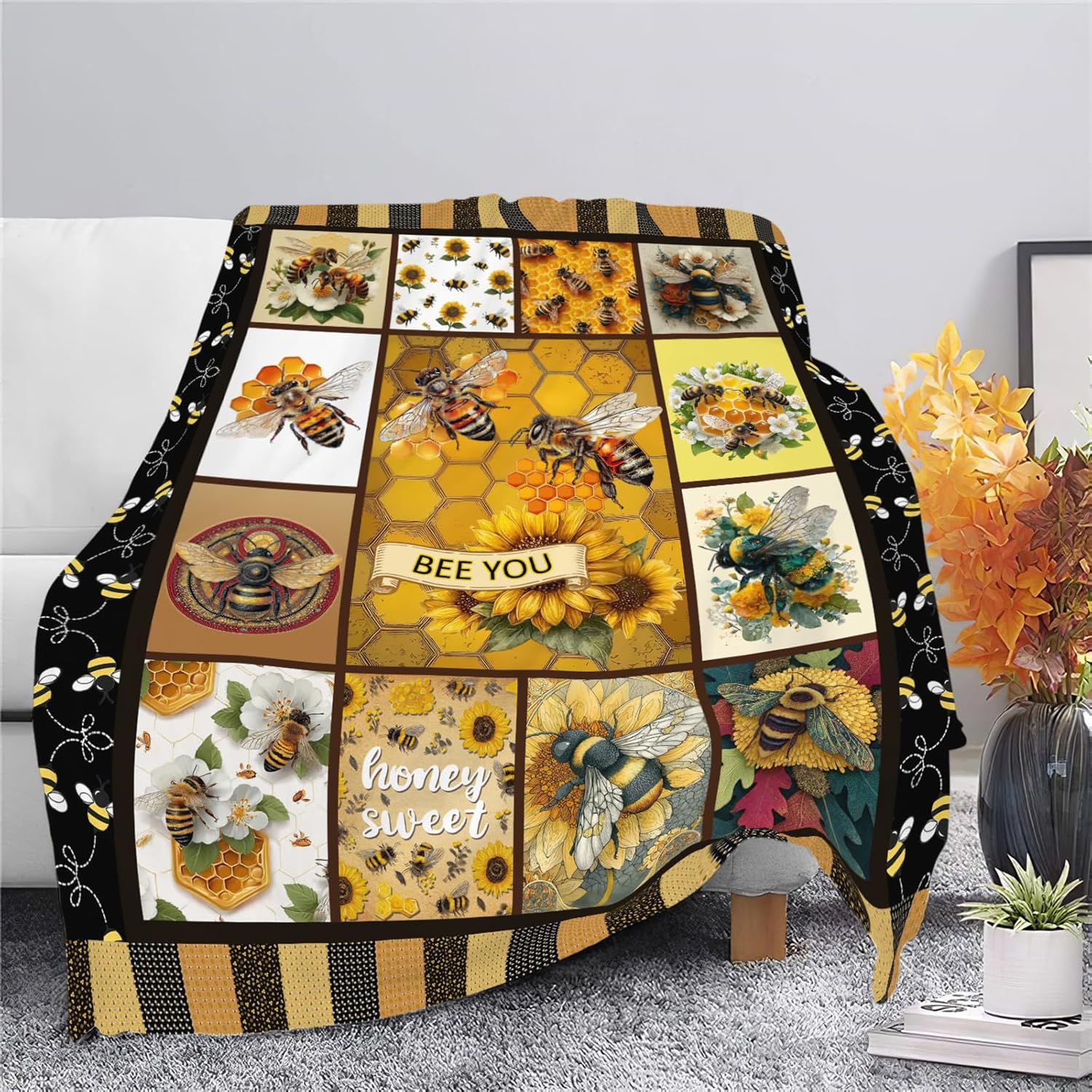 Bee Throw Blanket Bee Stuff Gifts for Kids Girls Boys Adults Women Men Soft Cozy Warm Plush Fluffy Fuzzy Fleece Blanket Decor 50''X60''