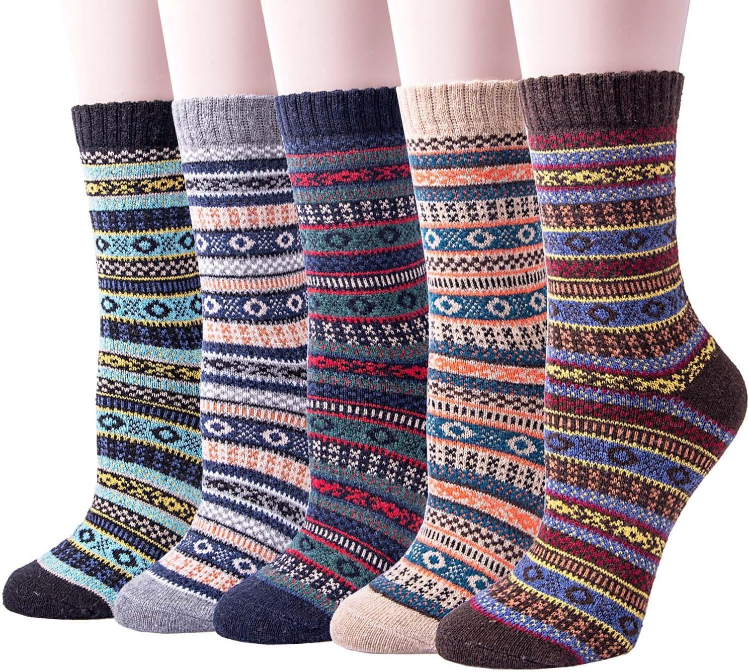 Justay 5 Pairs Wool Socks for Women - Winter Thick Boot Cozy Crew Vintage Soft Calf Knit Warm Socks Gifts