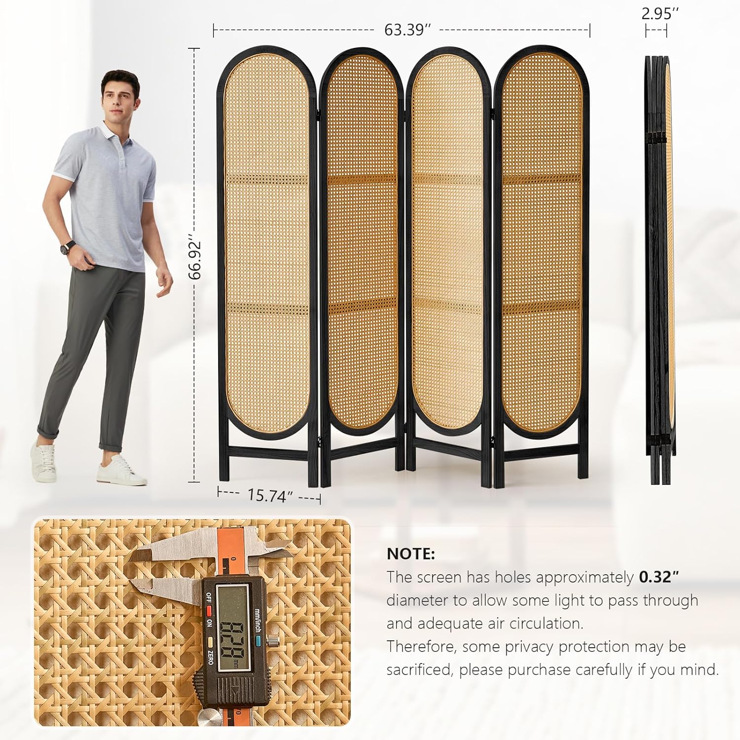 4 Panel Room Divider, Double Hinged Foldable Wooden Room Divider, Individual Privacy Screen Made of Hand-Woven Rattan, Portable Wall Divider for Home Office Bedroom Bathroom (Black Natural)