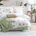MILDLY 100% Long-Staple Cotton Duvet Cover Set White Green Floral Leaves Pattern Printed Comforter Cover 3pcs, Ultra Soft & Breathable Bedding Set