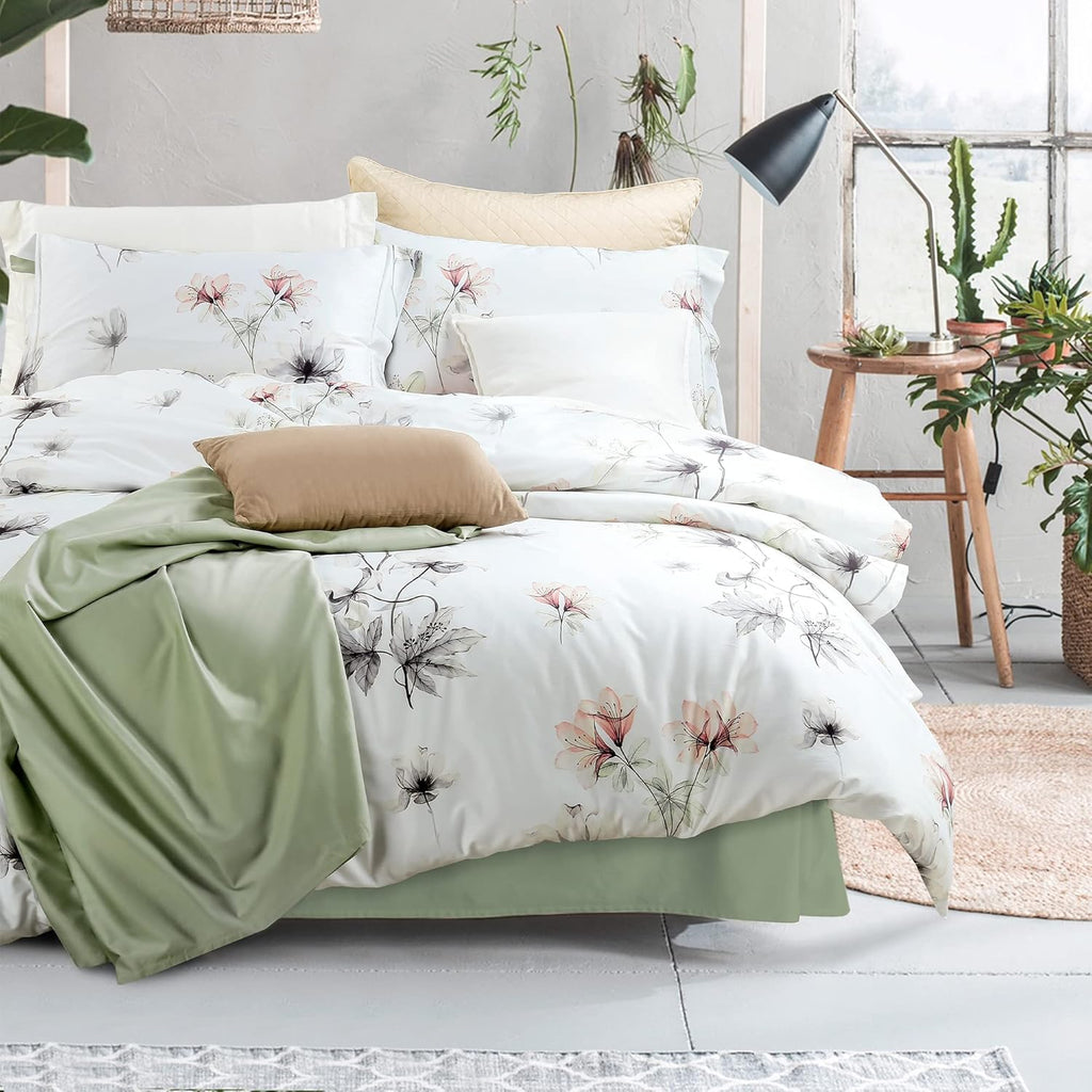 MILDLY 100% Long-Staple Cotton Duvet Cover Set White Green Floral Leaves Pattern Printed Comforter Cover 3pcs, Ultra Soft & Breathable Bedding Set