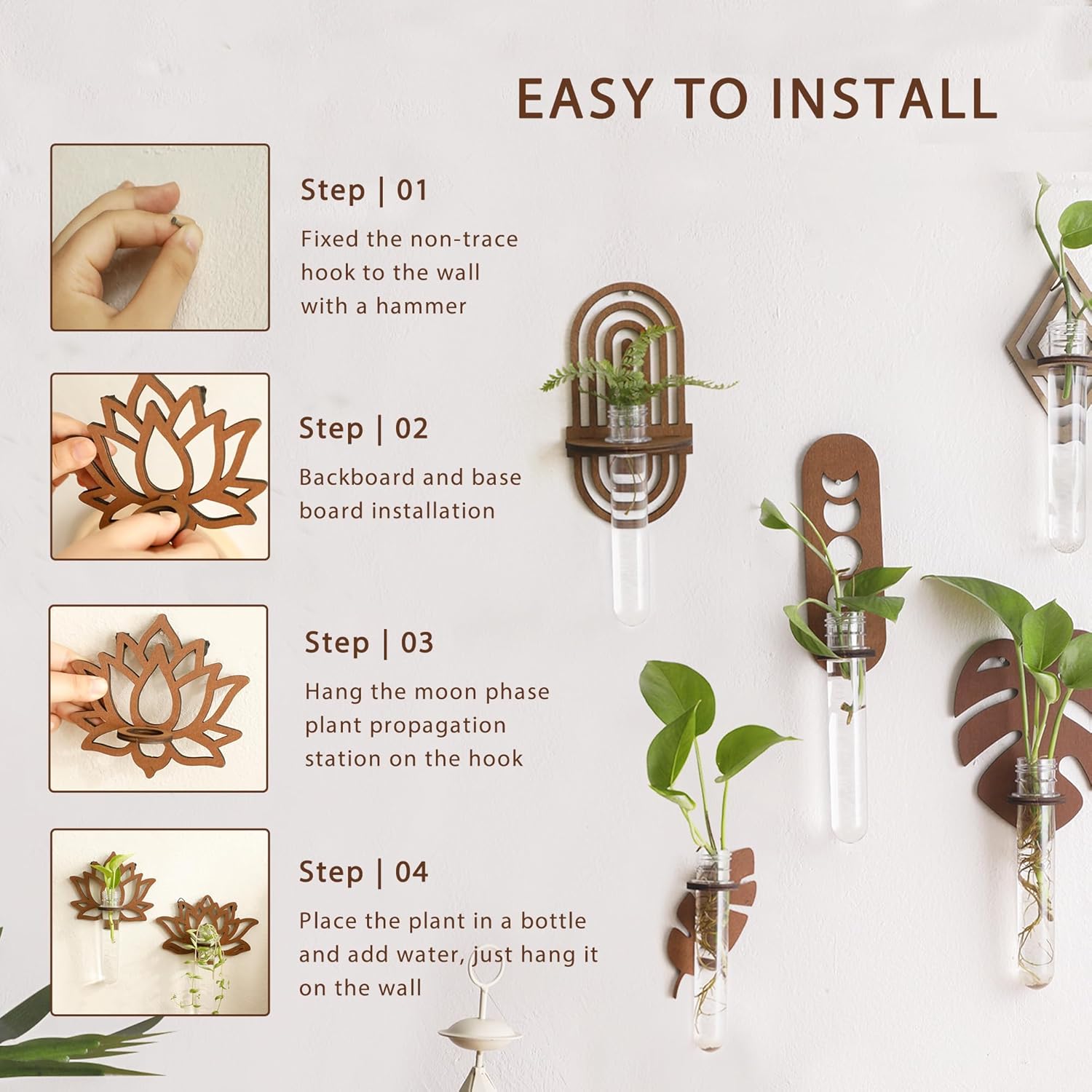 Artilady 2 Pack Plant Propagation Station Lotus Flower Wall Hanging Wood Plant Terrarium for Hydroponics Home Office Decor Test Tube Propagate Air Cutting Holder