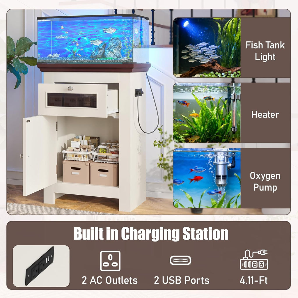 10–15 Gallon Fish Tank Stand with Cabinet Storage and Power Outlets (2 AC 2 USB), Compact Aquarium Stand with Drawer & Storage Cabinet, MDF Frame, 198LBS Capacity, Beige Brown