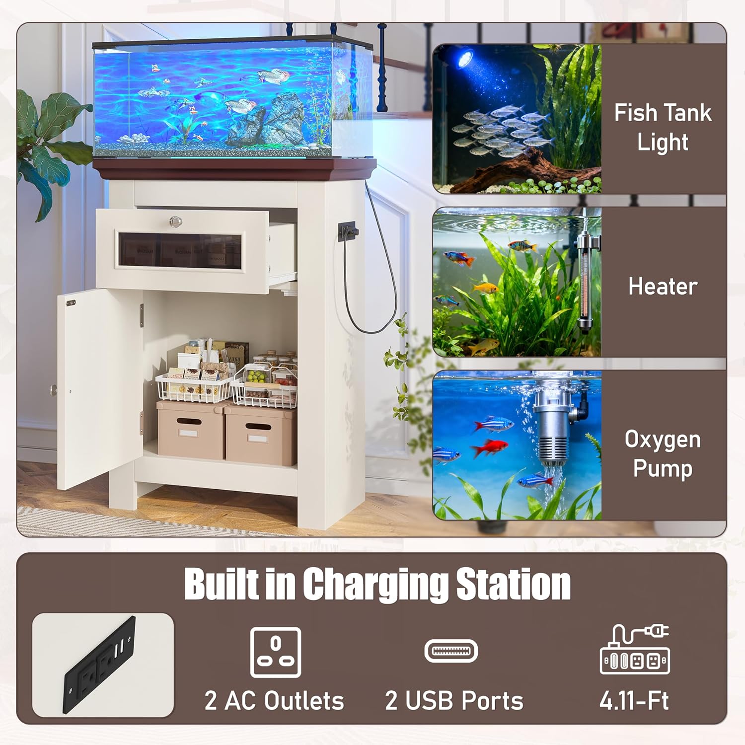 10-15 Gallon Fish Tank Stand, Aquarium Stand with Power Outlets, 198LBS Capacity, Fish Tank Table with Storage Cabinet and Drawer, Aquarium Table for Reptile Terrarium Stand