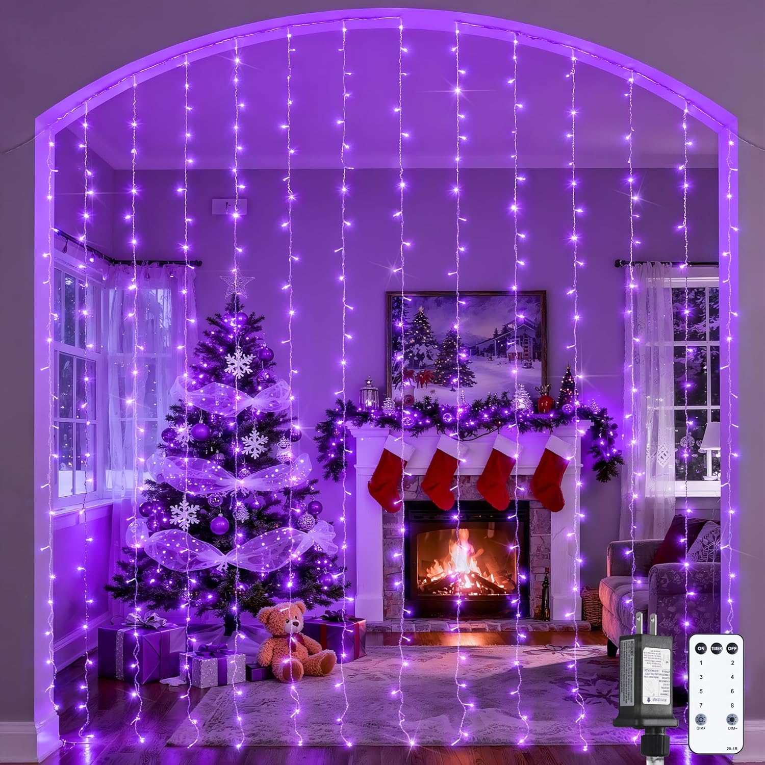JMEXSUSS 300LED Purple Christmas Lights with Remote, Curtain Hanging Light Plug in, 8 Modes Purple String Lights for Bedroom Window Wall Party Backdrop Halloween Christmas Decorations