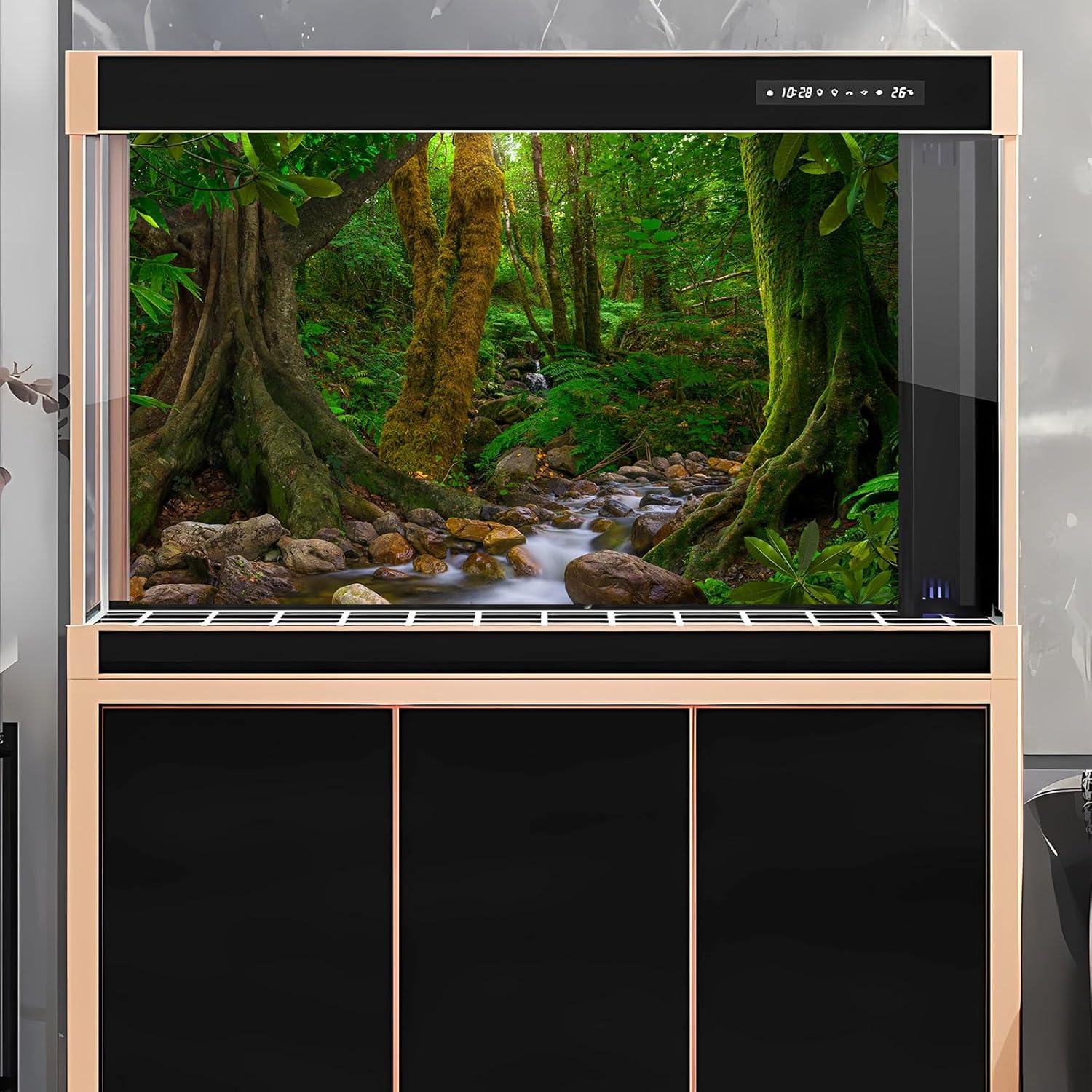 Forest Aquarium Background Jungle Rainforest Stream Fish Tank Background Lush Green Trees with Moss Terrarium Background Forest Stream Rock Theme Reptile Habitat Background Poster Vinyl 30x18in