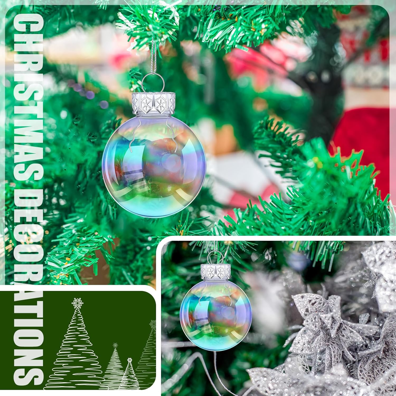 Funtery 80 Pcs Christmas Iridescent Clear Ornaments Balls Iridescent Christmas Balls for Tree Crafts Fillable Transparent DIY Hanging 2.5 Inch Rainbow Ball for Holiday Decor (Iridescence Style)