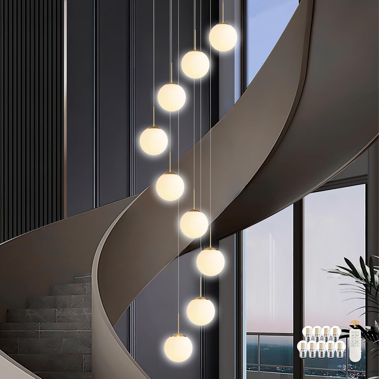 KoKo&Yukina 9-Light Globe Milky White Glass Pendant Light Adjustable Length Pendant Lights Modern Glass Globe Pendant Lights Gold Chandeliers Large Chandeliers for High Ceilings (Bulb & Remote Incl)